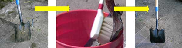 Scrubbing and disinfecting dirty shovel