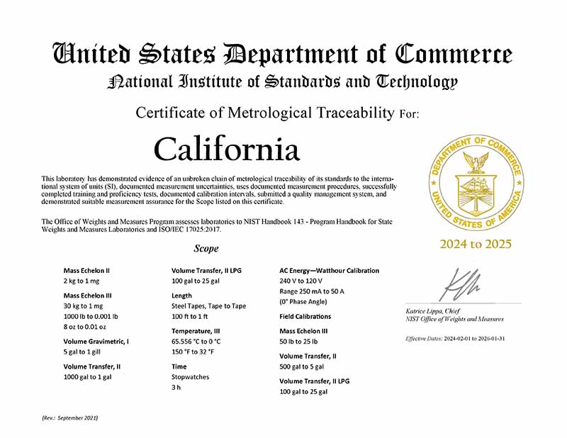 Certificate of Metrological Traceability