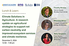 Infographic for lunch and learn. Logo of University of California, Agriculture and Natural Resources, FIG, Berkeley University of California, Berkeley Food Institute. Lunch & Learn: Climate Solutions in Agriculture: A research update on agricultural strategies to support net carbon neutrality and improved ecosystem services and climate resilience, December 5, 2024, 12:00 - 1:00 pm. Timothy Bowles, faculty director, Berkeley Food Institute, Whendee Silver, professor of Ecosystem Ecology, UC Berkeley, Neha Sanghera, policy director, Berkeley Food Institute, Moderator. Photos of the three presenters on the right side.