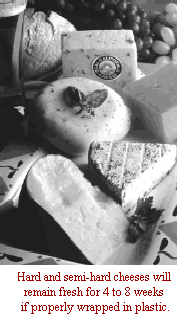 Photo of cheese with caption: Hard and semi-hard cheese will remain fresh for 4 to 8 weeks if properly wrapped in plastic.