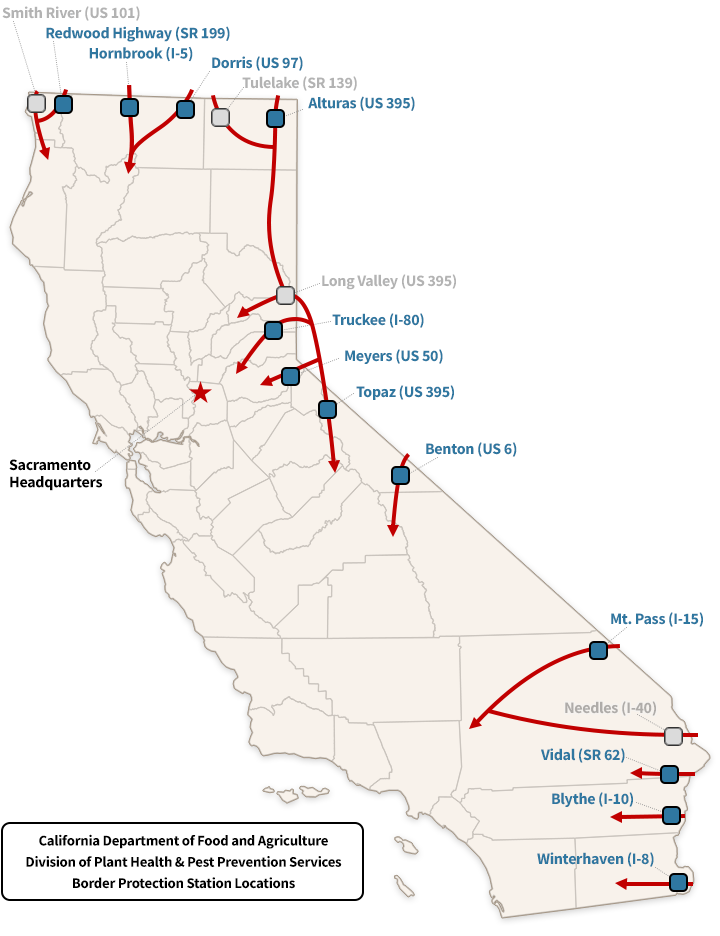 Map of California showing location of border stations