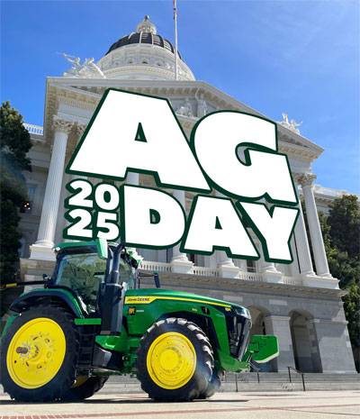 Banner: AG DAY 2025 - The California Capitol building, in front is a green tractor with large yellow wheels